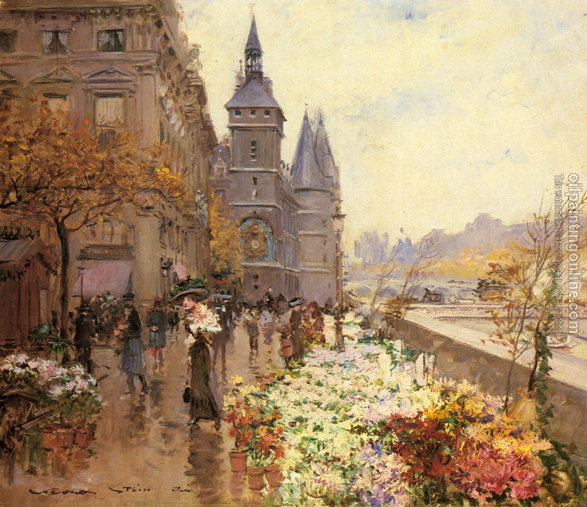 Georges Stein - A Flower Market Along The Seine